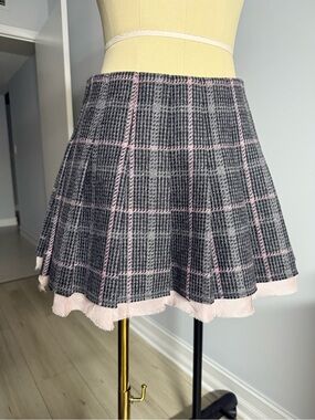 LoveShackFancy Gray Pink Plaid Tweed Fringe Lined Mini Skirt Zip - Sz 0